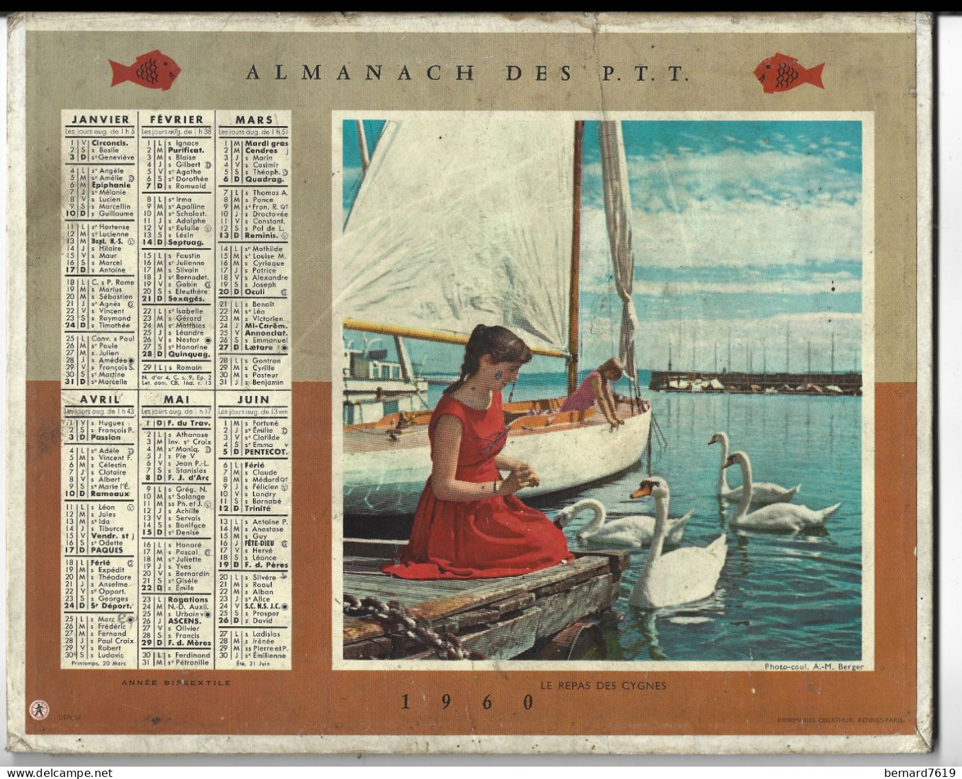 Almanach  Calendrier  P.T.T  -  La Poste -  1960 - Le Repas Des Cygnes - Peche Ala Crevette - Grossformat : 1941-60