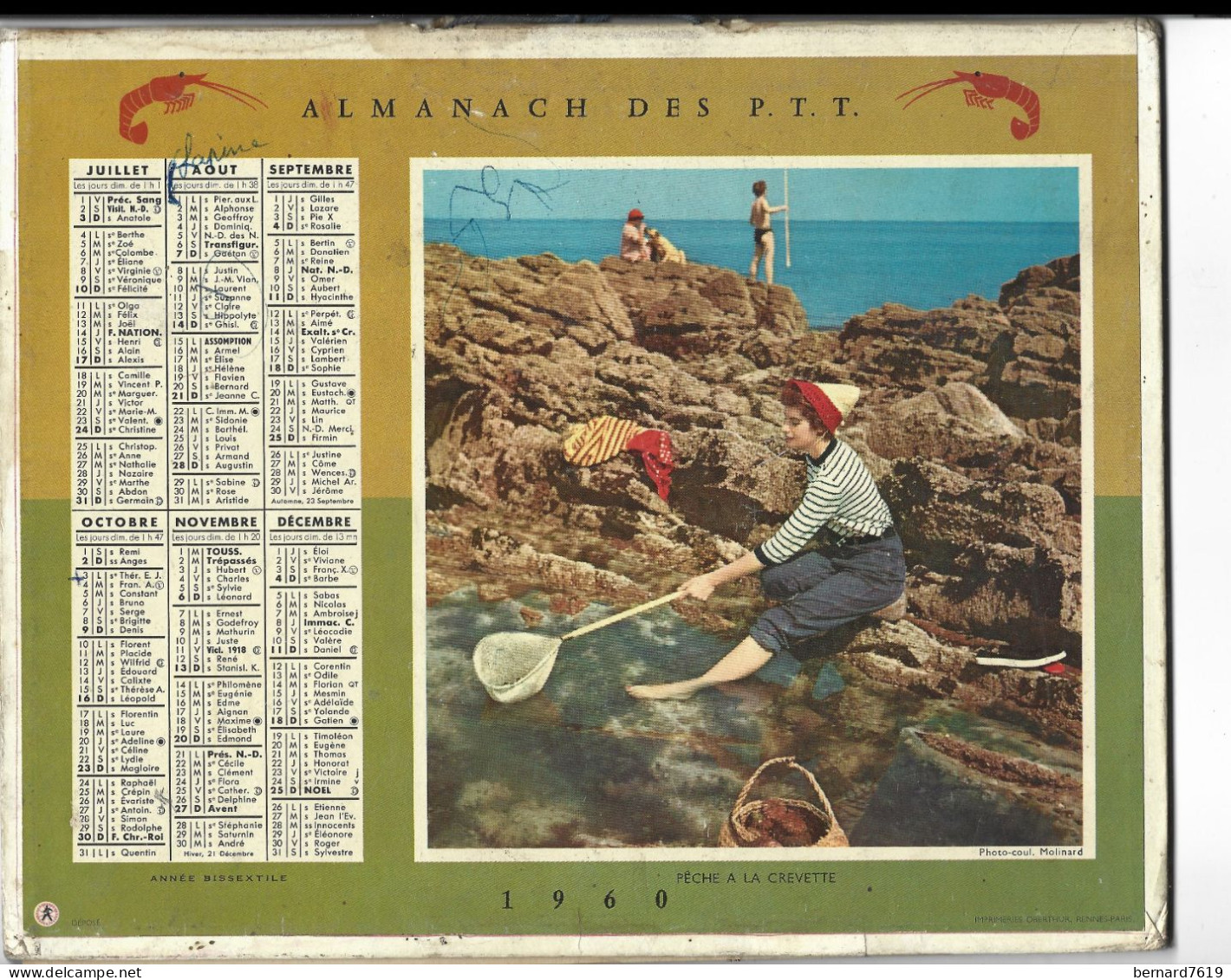 Almanach  Calendrier  P.T.T  -  La Poste -  1960 - Le Repas Des Cygnes - Peche Ala Crevette - Tamaño Grande : 1941-60