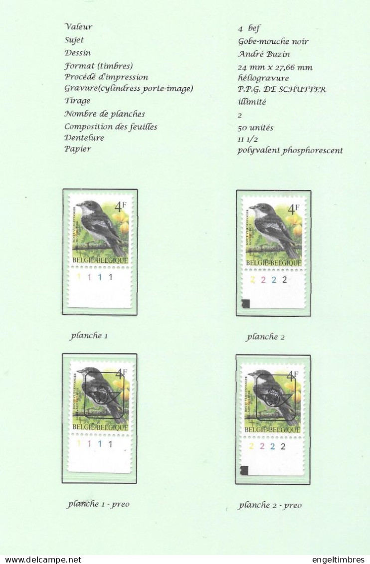 Belgium1996 BUZIN Birds - Gobe-mouche Noir/bonte Vliegenvanger 4 Bfrs Plaatnrs 1 - 2 Mint  Plain Stamps +  Preos (scans) - 2011-..