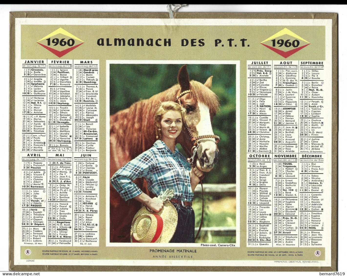 Almanach  Calendrier  P.T.T  -  La Poste -  1960 - Promenade Matinale - Tamaño Grande : 1941-60