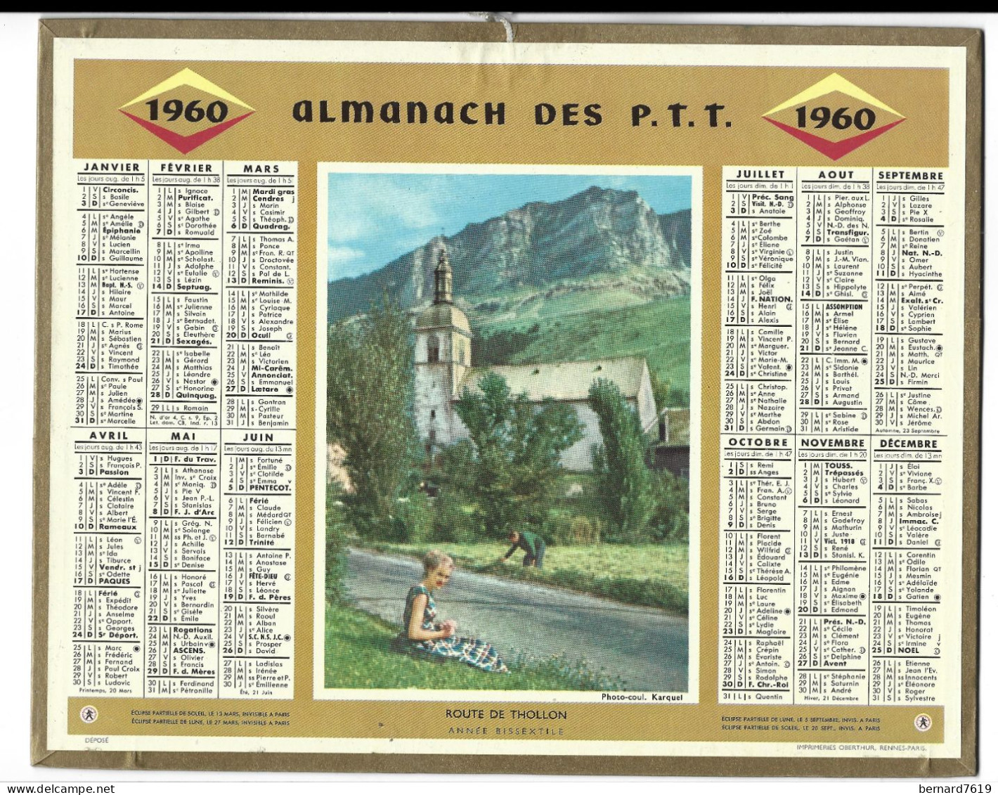 Almanach  Calendrier  P.T.T  -  La Poste -  1960 - Route De  Thollon - Tamaño Grande : 1941-60