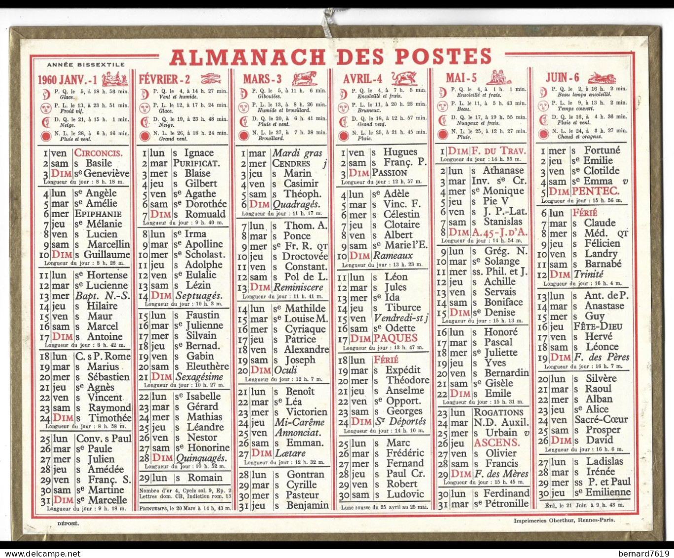 Almanach  Calendrier  P.T.T  -  La Poste -  1960 - - Groot Formaat: 1941-60