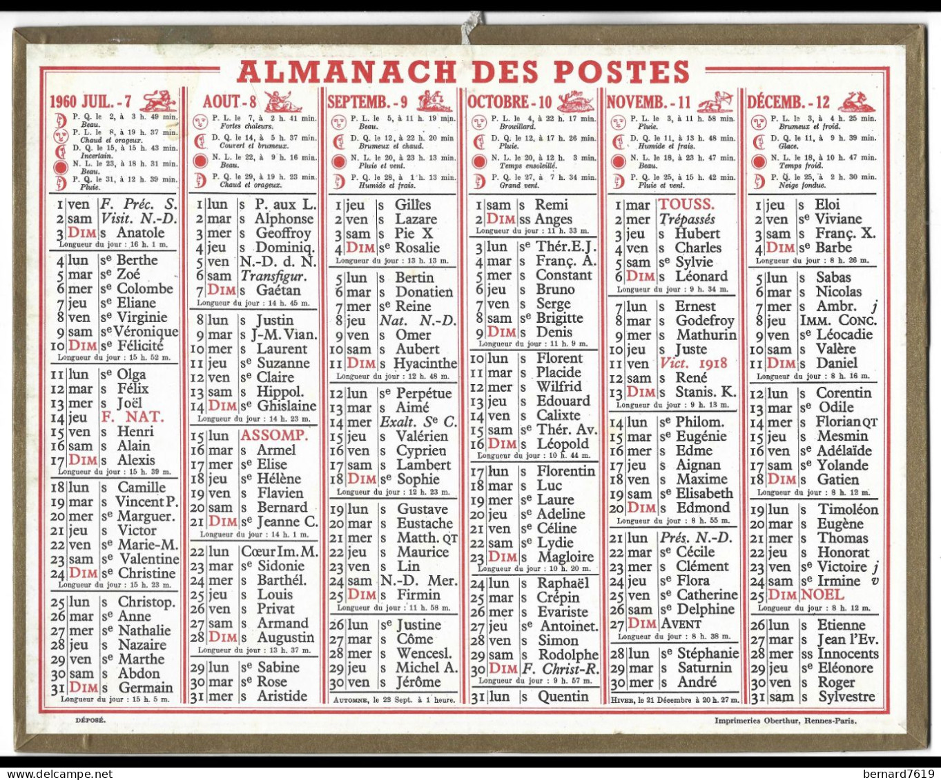 Almanach  Calendrier  P.T.T  -  La Poste -  1960 - - Grossformat : 1941-60