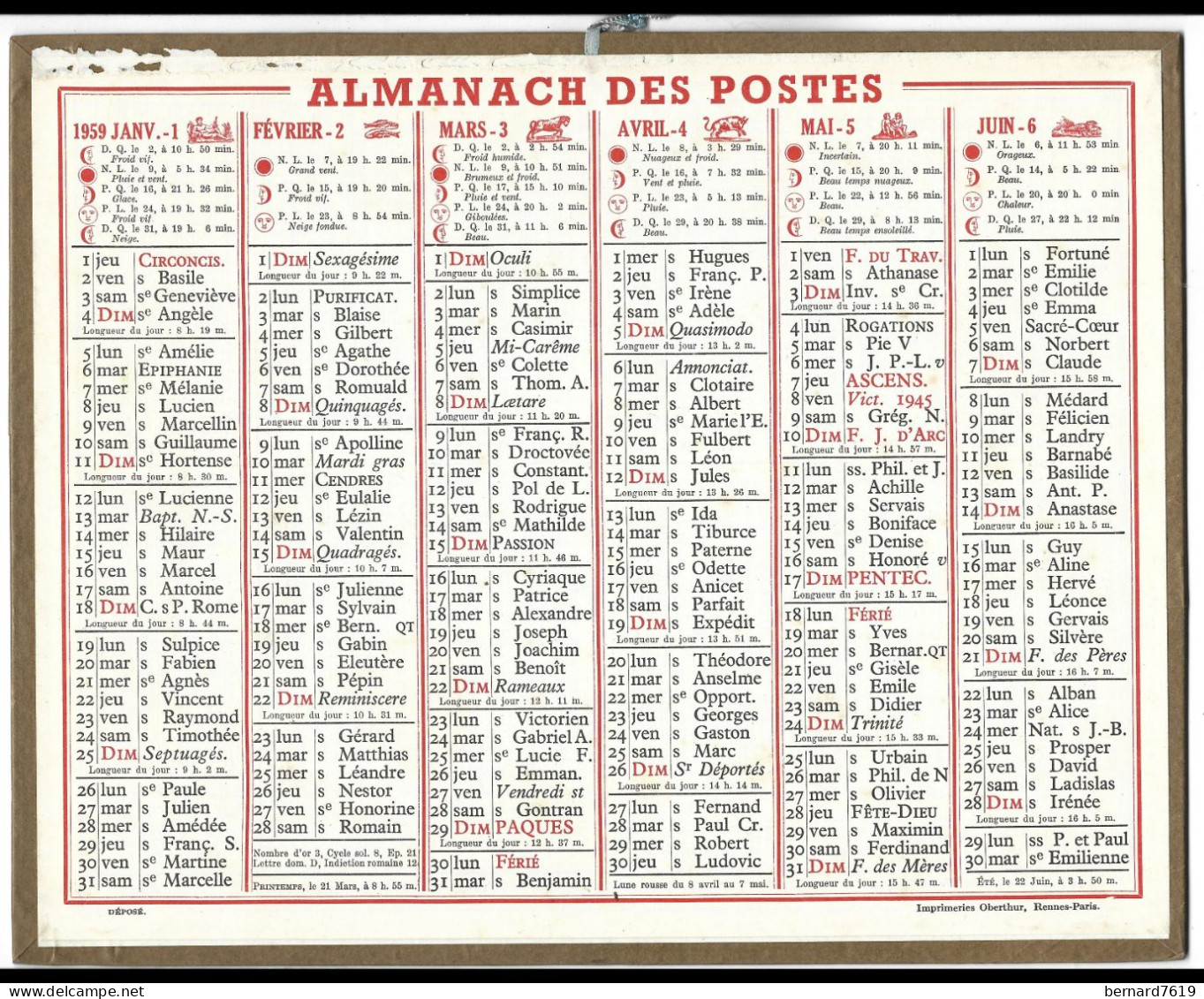 Almanach  Calendrier  P.T.T  -  La Poste -  1959 - - Big : 1941-60