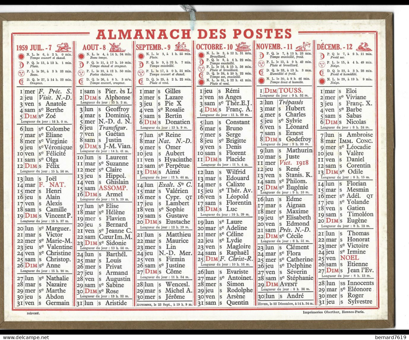 Almanach  Calendrier  P.T.T  -  La Poste -  1959 - - Big : 1941-60