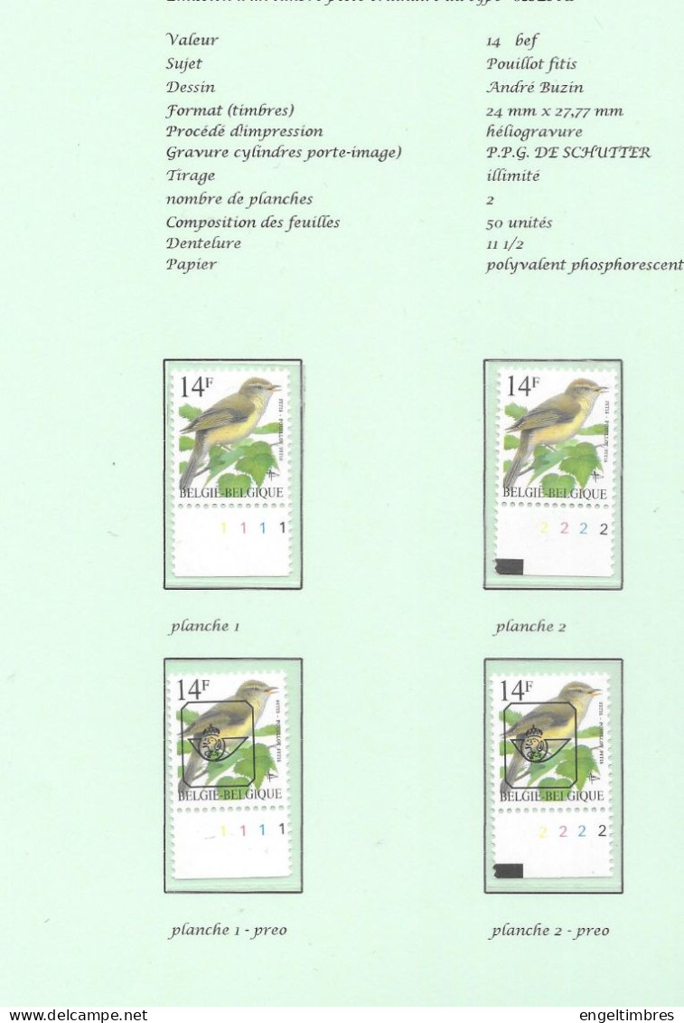 Belgium1995 BUZIN Birds - Pouillot Fitis/fitis 14 Bfrs Plaatnrs 1 - 2 Mint  Plain Stamps +  Preos (scans) - 2011-..