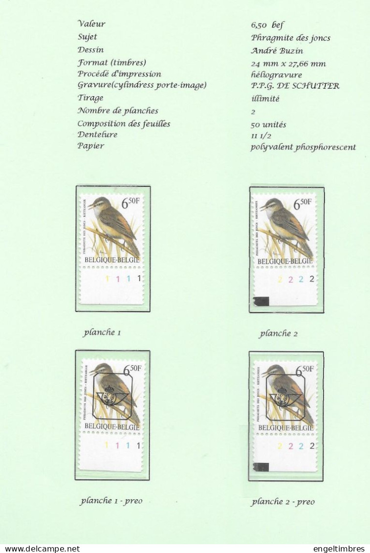 Belgium1994 BUZIN Birds - Phragmite Des Joncs/rietzanger 6,50 Bfrs Plaatnrs 1 - 2 Mint  Plain Stamps +  Preos (scans) - 2011-..
