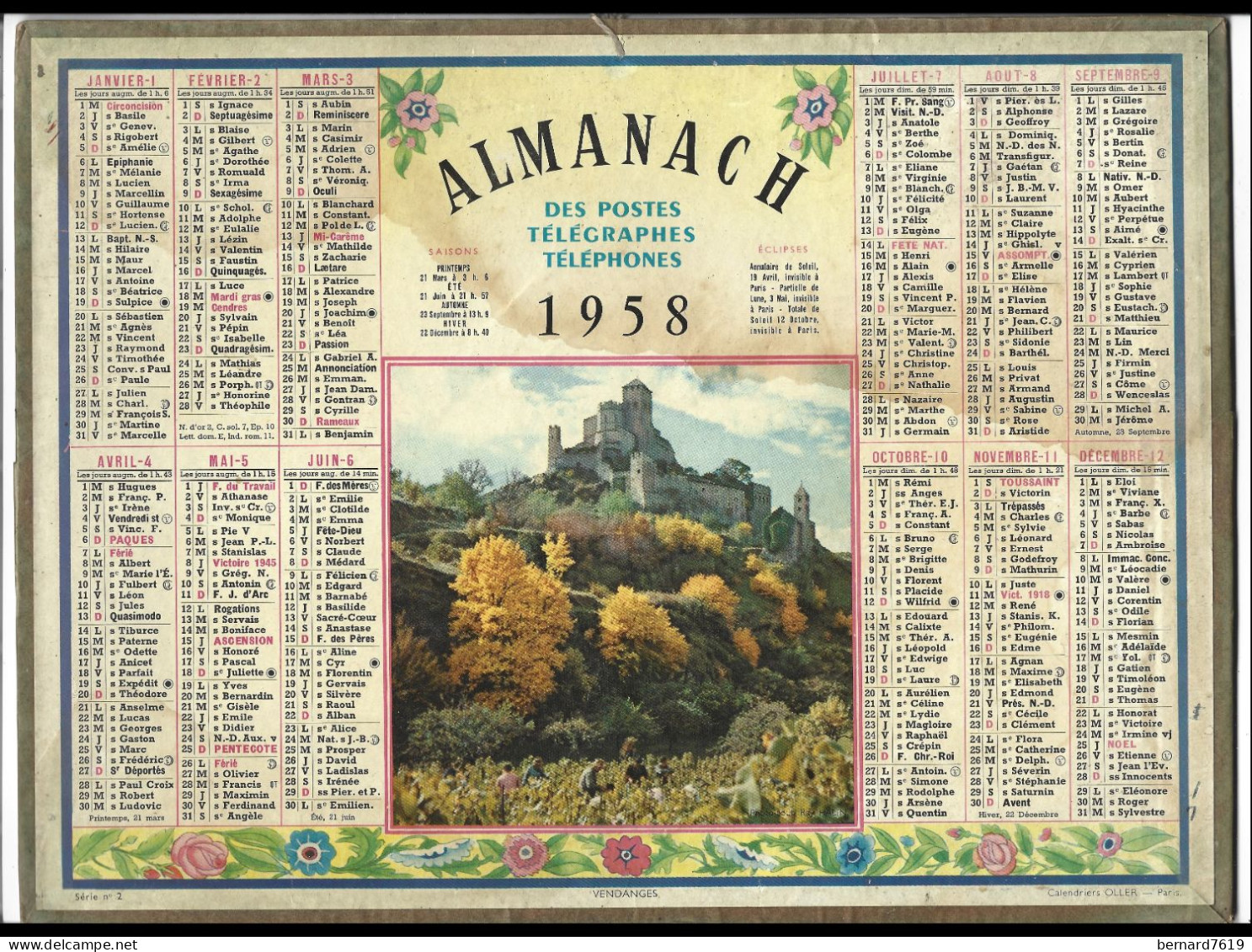 Almanach  Calendrier  P.T.T  -  La Poste -  1958 - Vendanges - Tamaño Grande : 1941-60