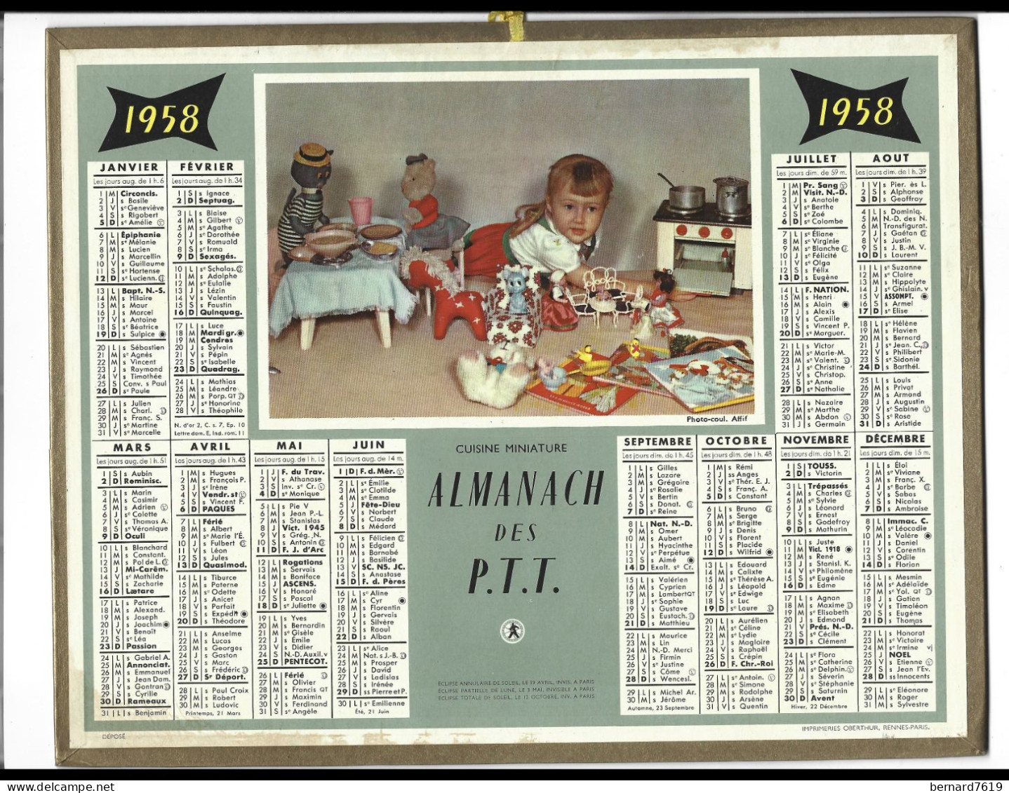 Almanach  Calendrier  P.T.T  -  La Poste -  1958 - Cuisine  Miniature - Tamaño Grande : 1941-60