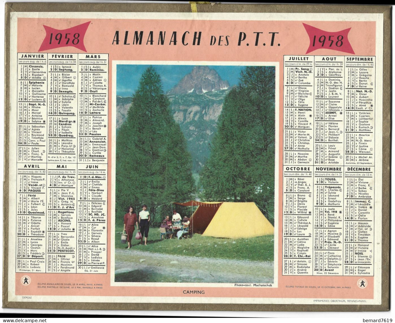 Almanach  Calendrier  P.T.T  -  La Poste -  1958 - Camping - Formato Grande : 1941-60