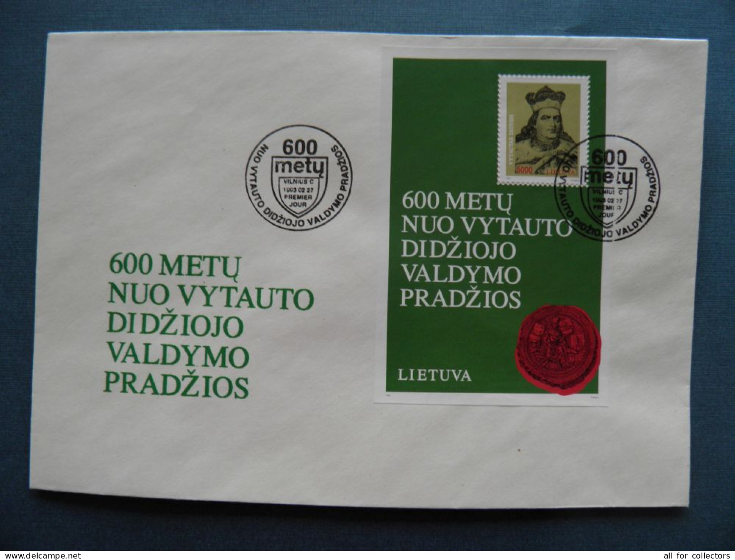 FDC Cover LITHUANIA 1993 Vilnius Grand Duke Vytautas 600 M/s Block + Card Inside - Lituanie