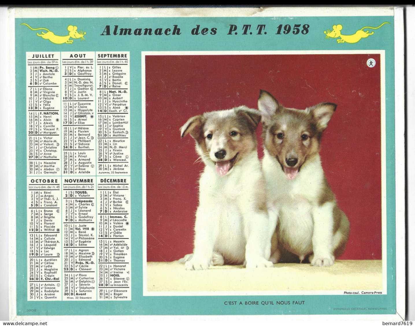 Almanach  Calendrier  P.T.T  -  La Poste -  1958 - Chat - Chiens - Formato Grande : 1941-60