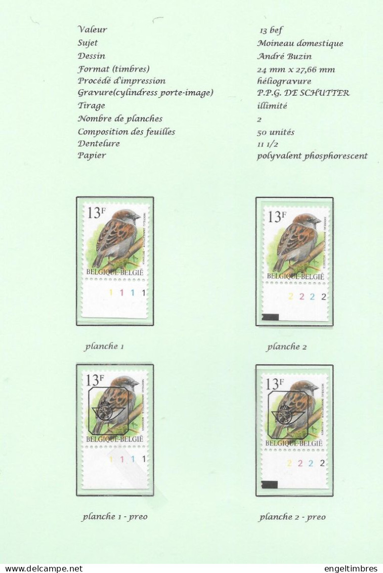 Belgium1993 BUZIN Birds - Moineau Domestique/Huismus 13 Bfrs Plaatnrs 1 - 2 Mint  Plain Stamps +  Preos (scans) - 2011-..