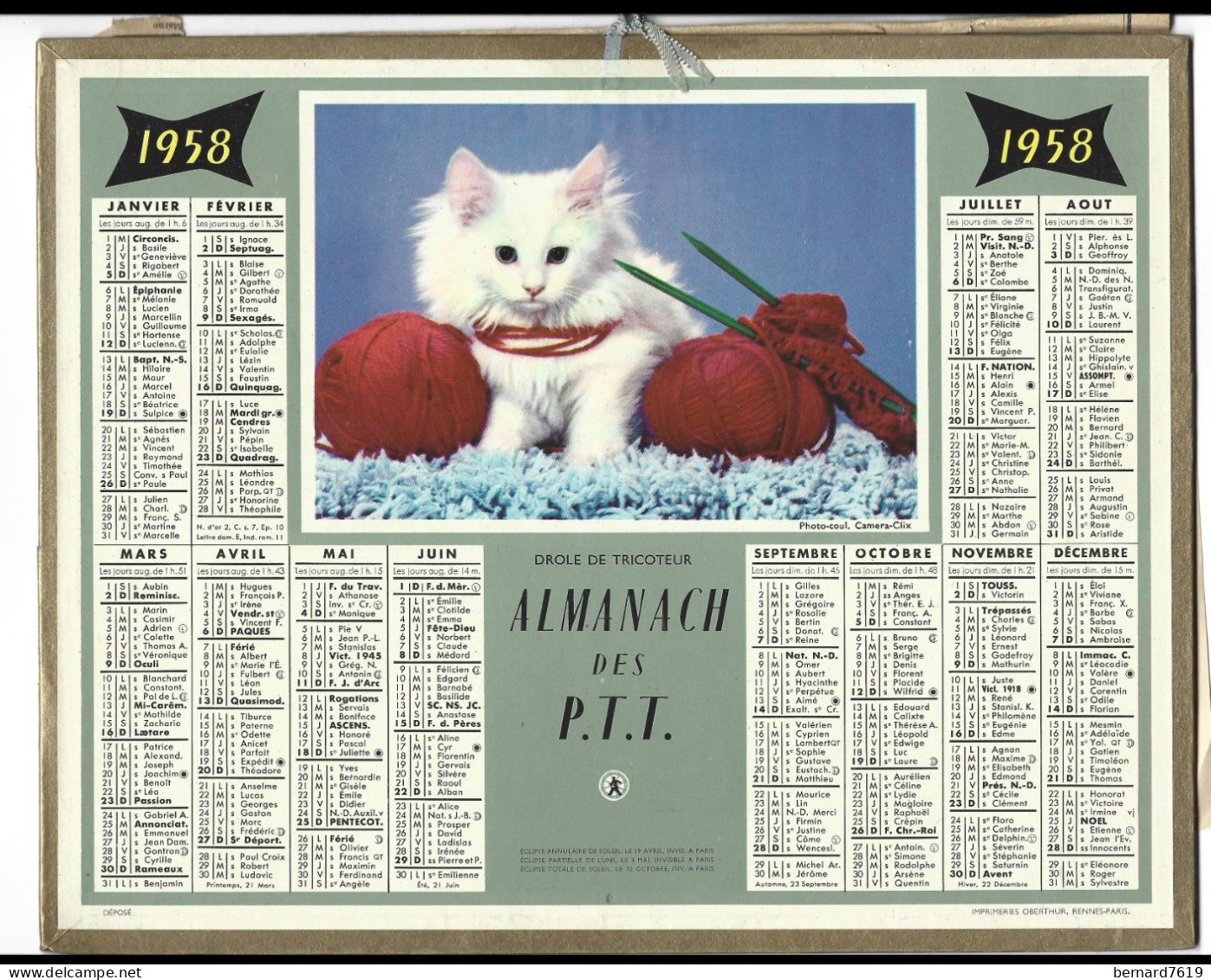 Almanach  Calendrier  P.T.T  -  La Poste -  1958 - Chat - Drole De Tricoteur - Formato Grande : 1941-60