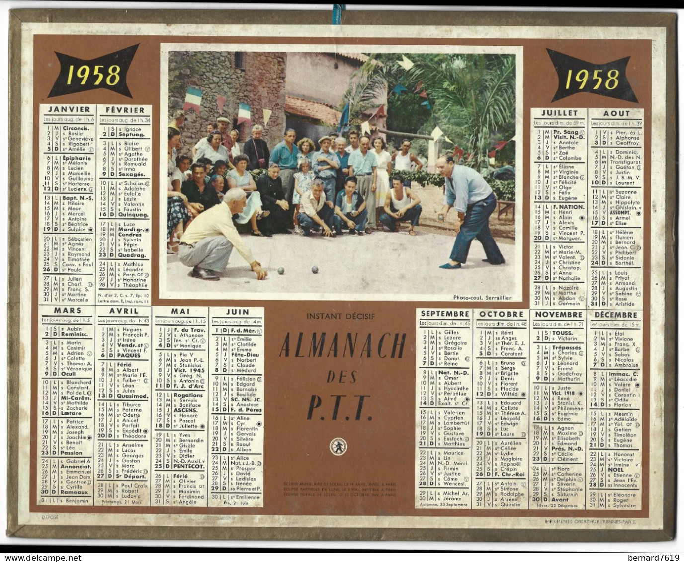 Almanach  Calendrier  P.T.T  -  La Poste -  1958 - Jeux De Boules - Big : 1941-60