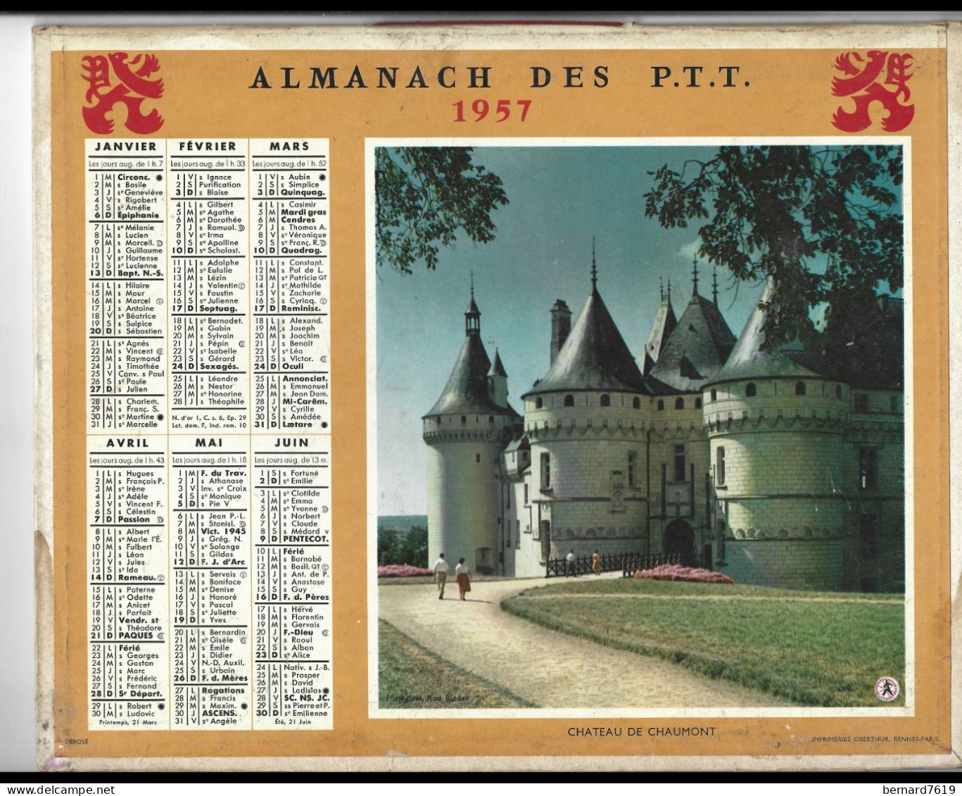 Almanach  Calendrier  P.T.T  -  La Poste -  1957 -  Chateau De Chaumont - Chateau De Colombier - Big : 1941-60