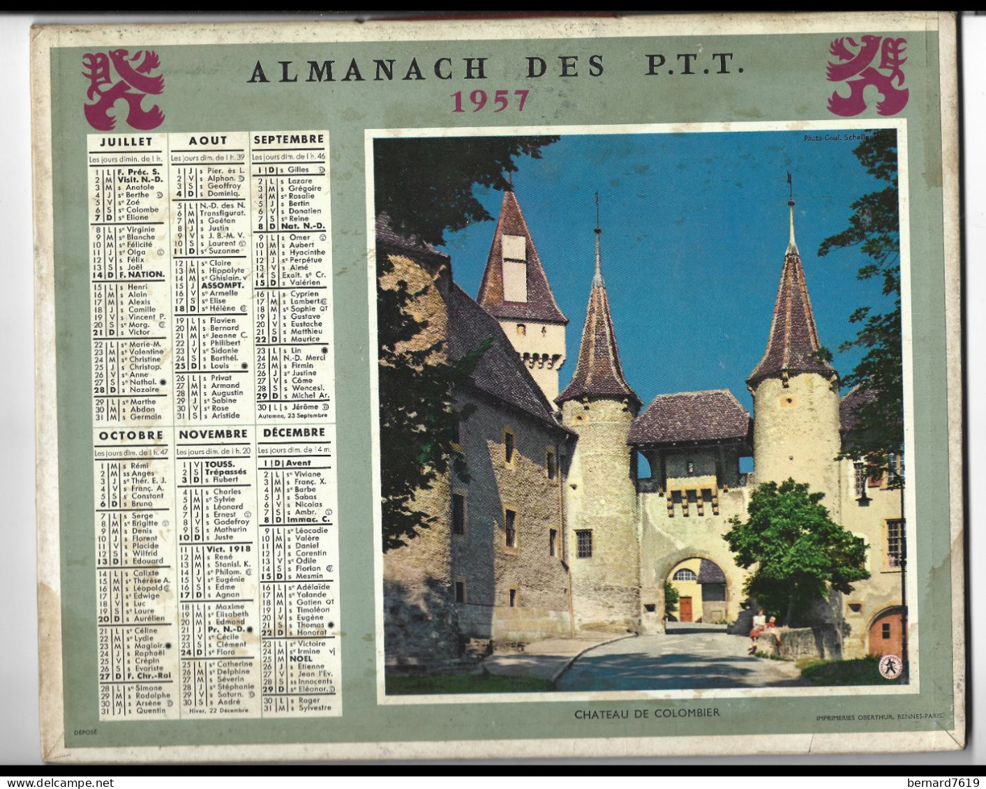 Almanach  Calendrier  P.T.T  -  La Poste -  1957 -  Chateau De Chaumont - Chateau De Colombier - Tamaño Grande : 1941-60