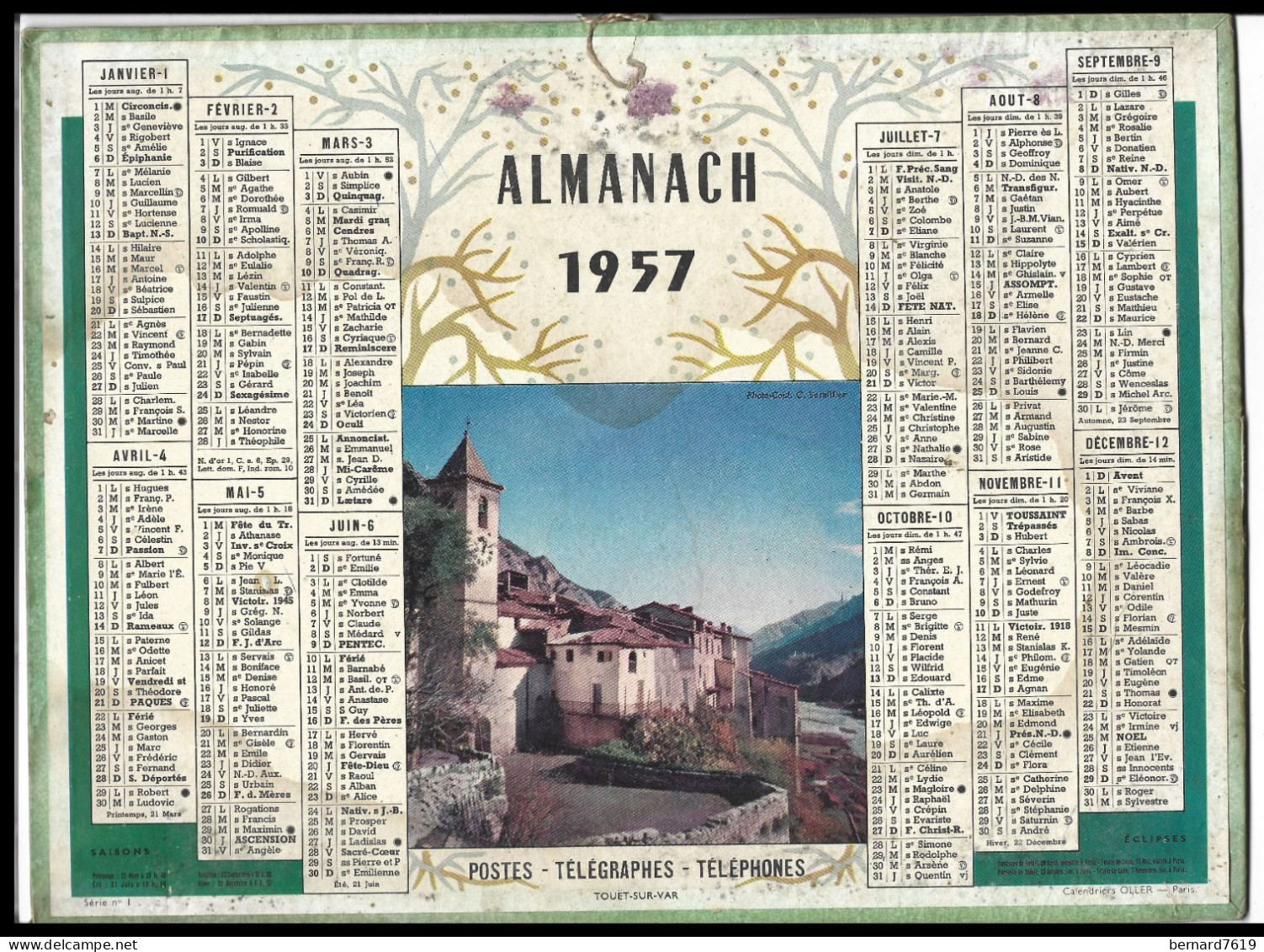 Almanach  Calendrier  P.T.T  -  La Poste -  1957 -  Touet Sur Var - Grand Format : 1941-60