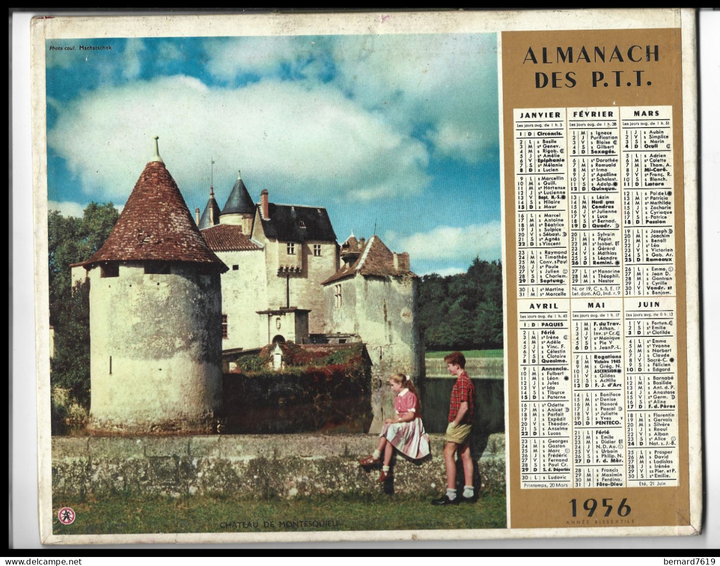 Almanach  Calendrier  P.T.T  -  La Poste -  1956 - Chateau De Montesquieu - Vieille Maison A Dinan - Tamaño Grande : 1941-60