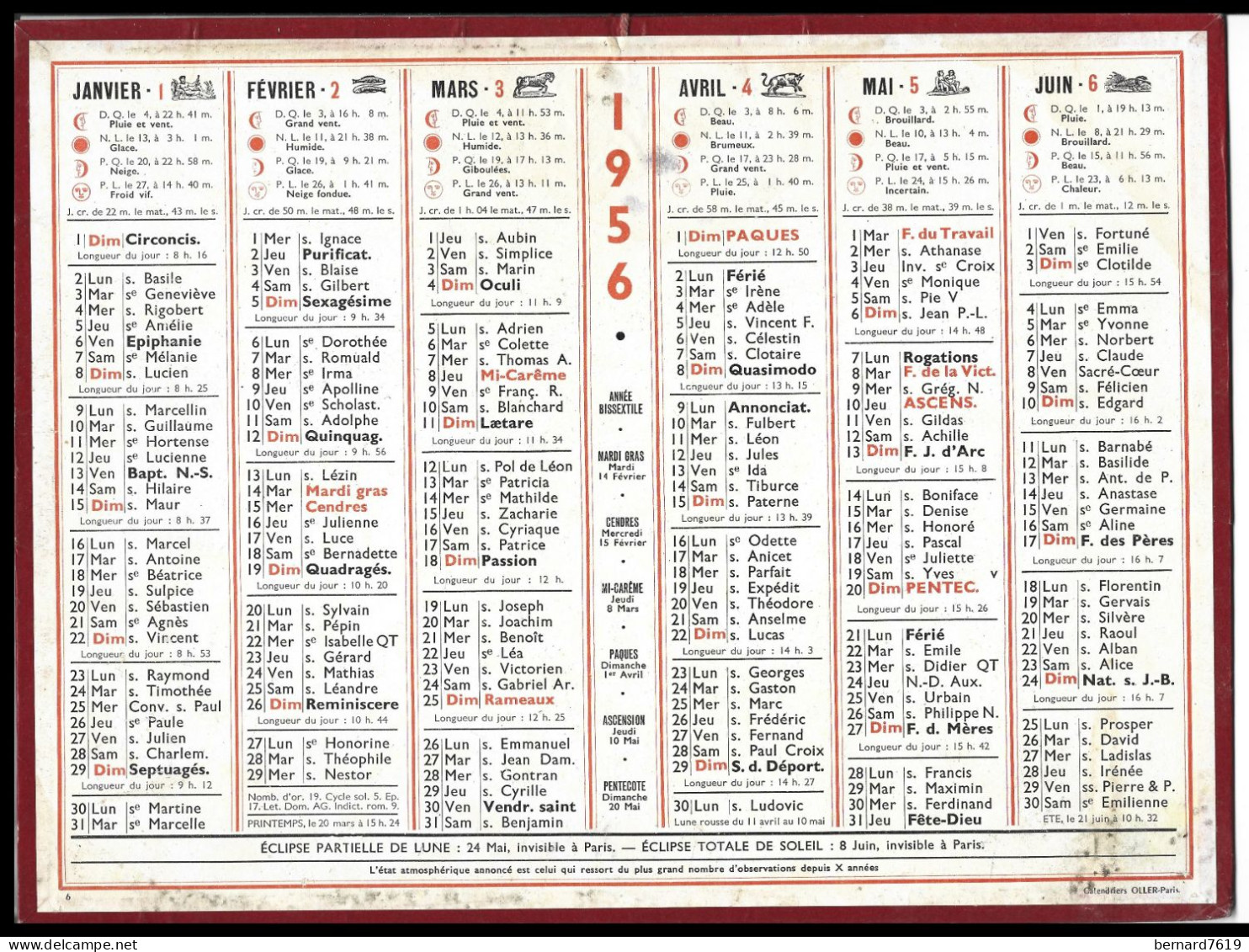 Almanach  Calendrier  P.T.T  -  La Poste -  1956 - - Big : 1941-60