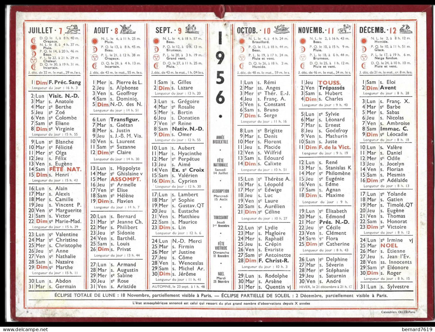 Almanach  Calendrier  P.T.T  -  La Poste -  1956 - - Grand Format : 1941-60