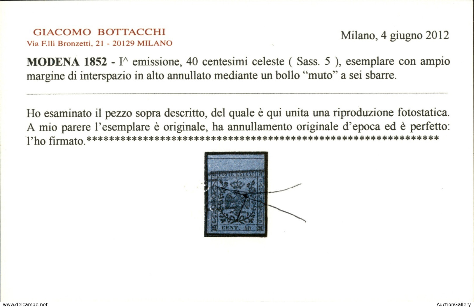 Antichi Stati Italiani - Modena - 1852 - 40 Cent Celeste (5) - Ampio Margine Di Interspazio In Alto - Usato - Annullo Le - Otros & Sin Clasificación