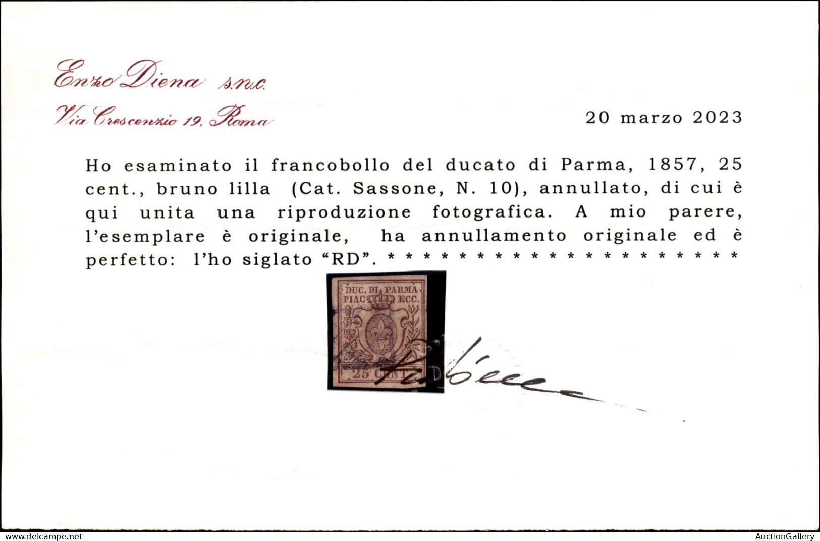 Antichi Stati Italiani - Parma - 1857 - 25 Cent (10) Usato - Cert. Diena - Altri & Non Classificati