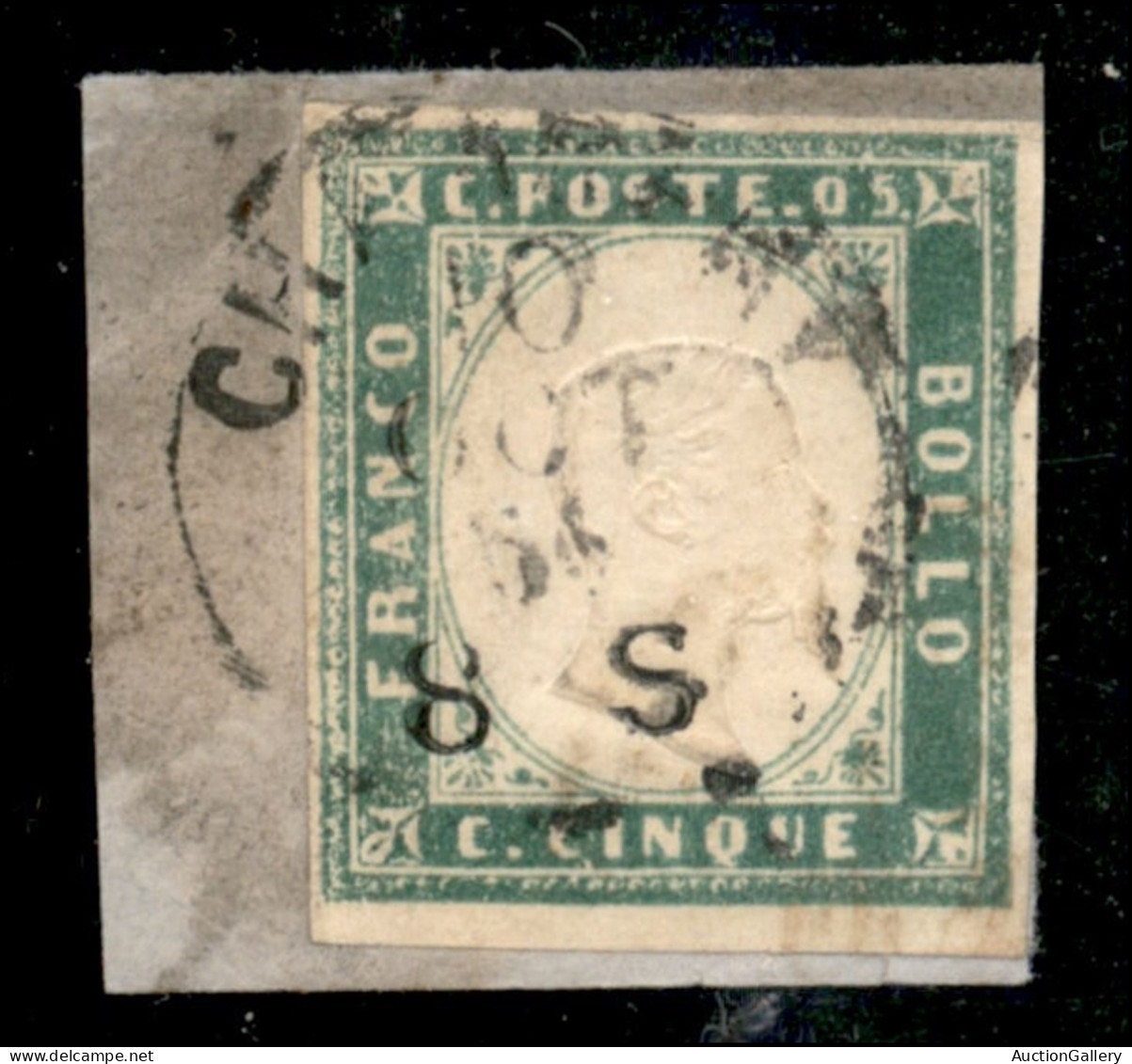 Antichi Stati Italiani - Sardegna - 1855 - 5 Cent Verde Pisello (13c) - Usato Su Frammento - Cert. AG - Sonstige & Ohne Zuordnung