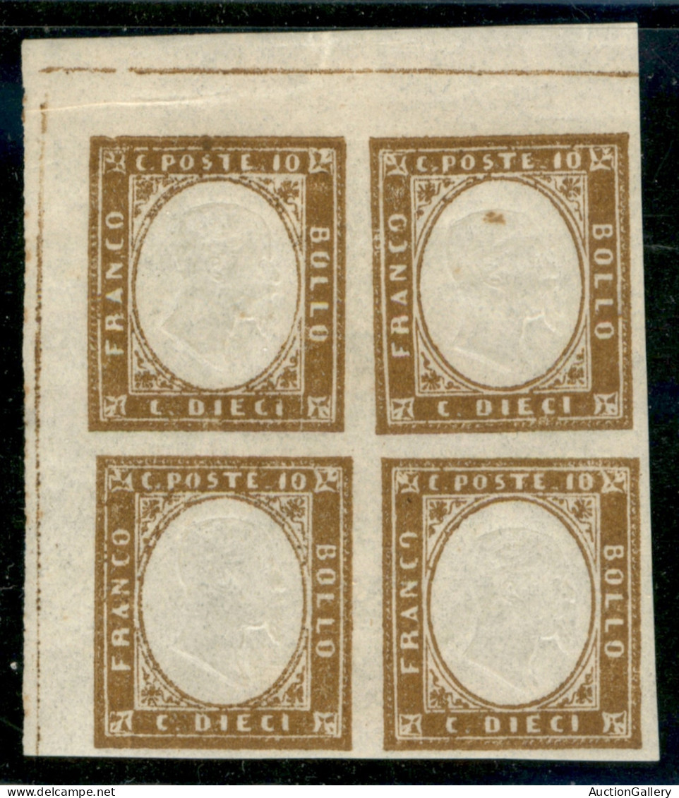 Antichi Stati Italiani - Sardegna - 1863 - Resti Di Stampa - 10 Cent (14E) - Blocco Angolare Sinistro Di 4 Con Linea Di  - Autres & Non Classés