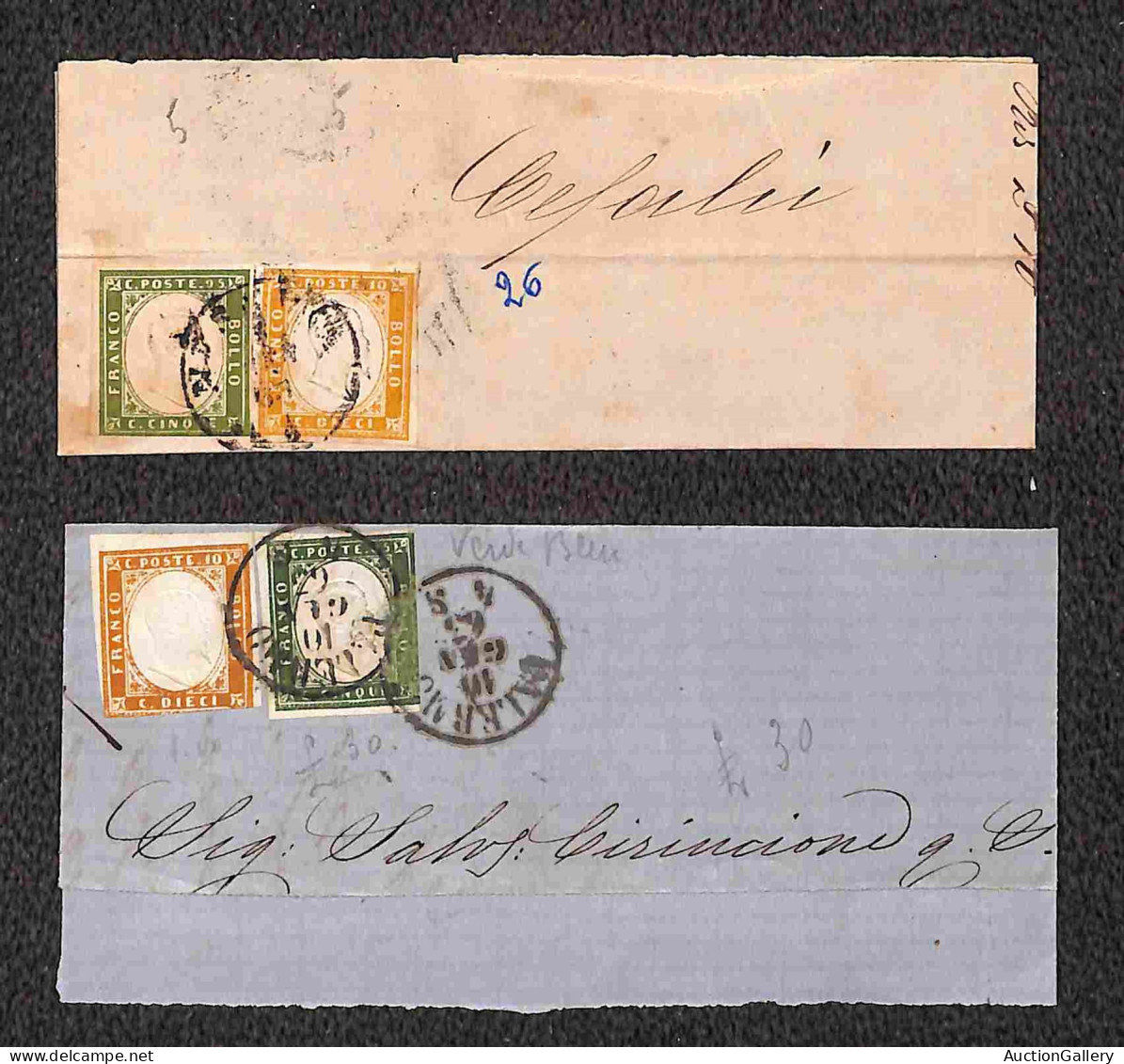 Regno - Vittorio Emanuele II - 1861/1863 - quattro testatine di lettere col 5 cent (Sardegna) in coppia orizzontale e st