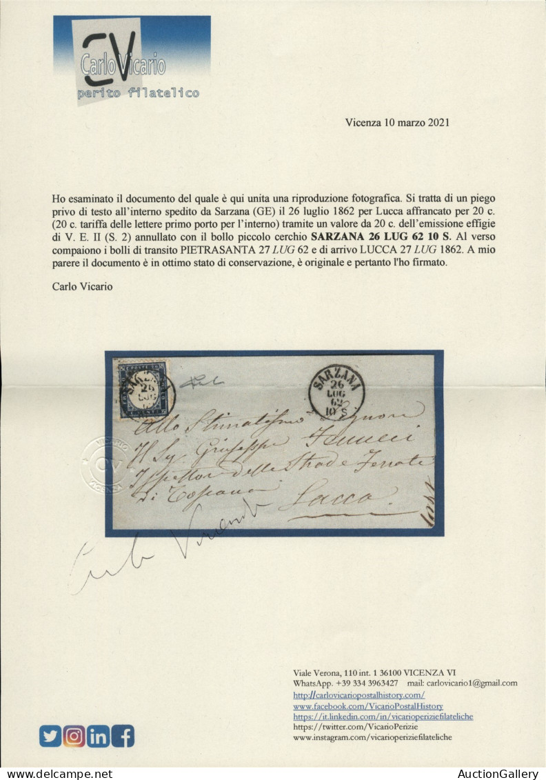 Regno - Vittorio Emanuele II - 20 Cent (2) Su Involucro Di Lettera Da Sarzana A Lucca Del 26.7.62 - Cert Vicario - Otros & Sin Clasificación