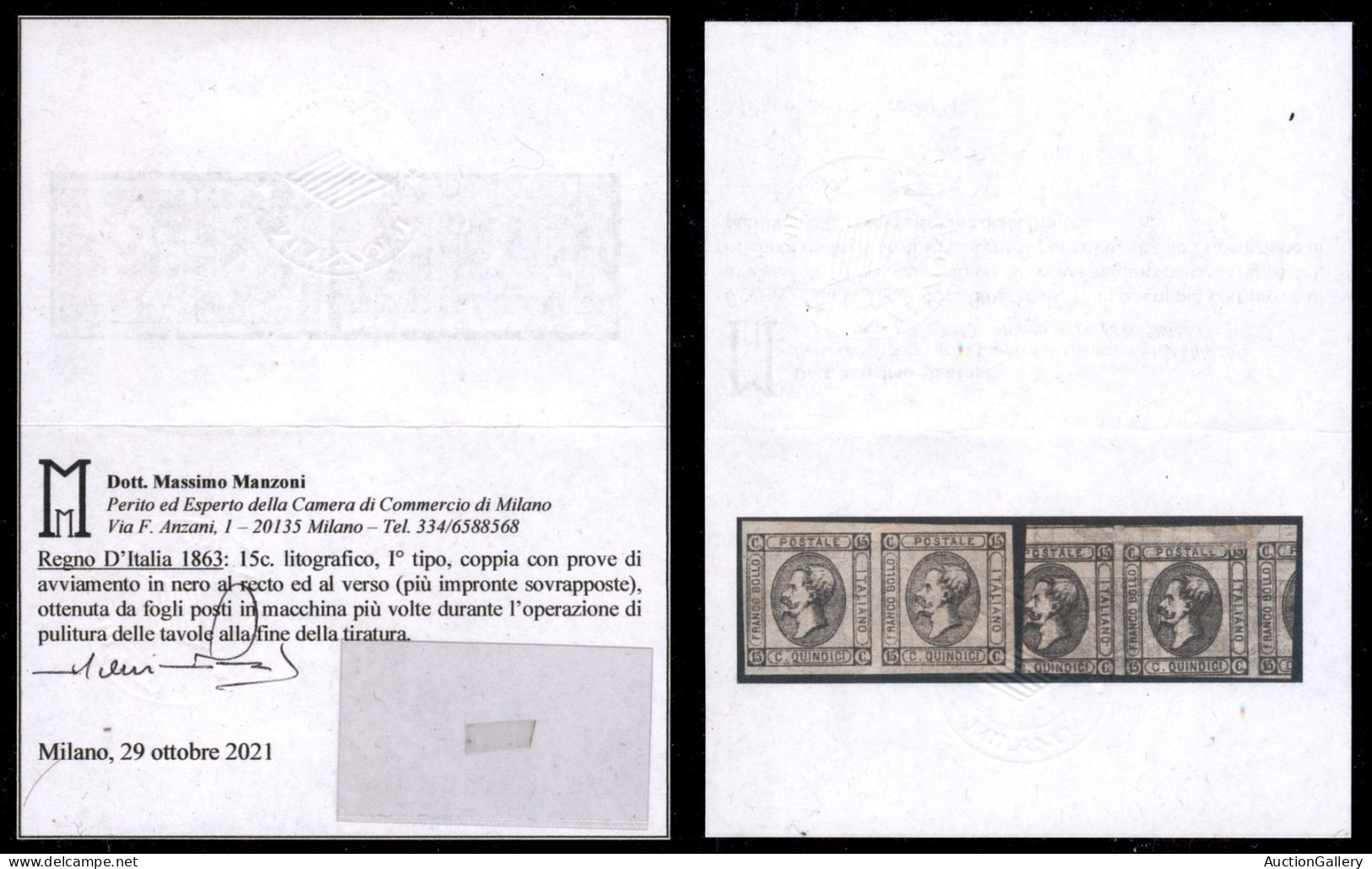 Regno - Vittorio Emanuele II - 1863 - Prove - Coppia Del 15 Cent (12) Con Più Impronte In Nero Sovrapposte Fronte Retro  - Other & Unclassified