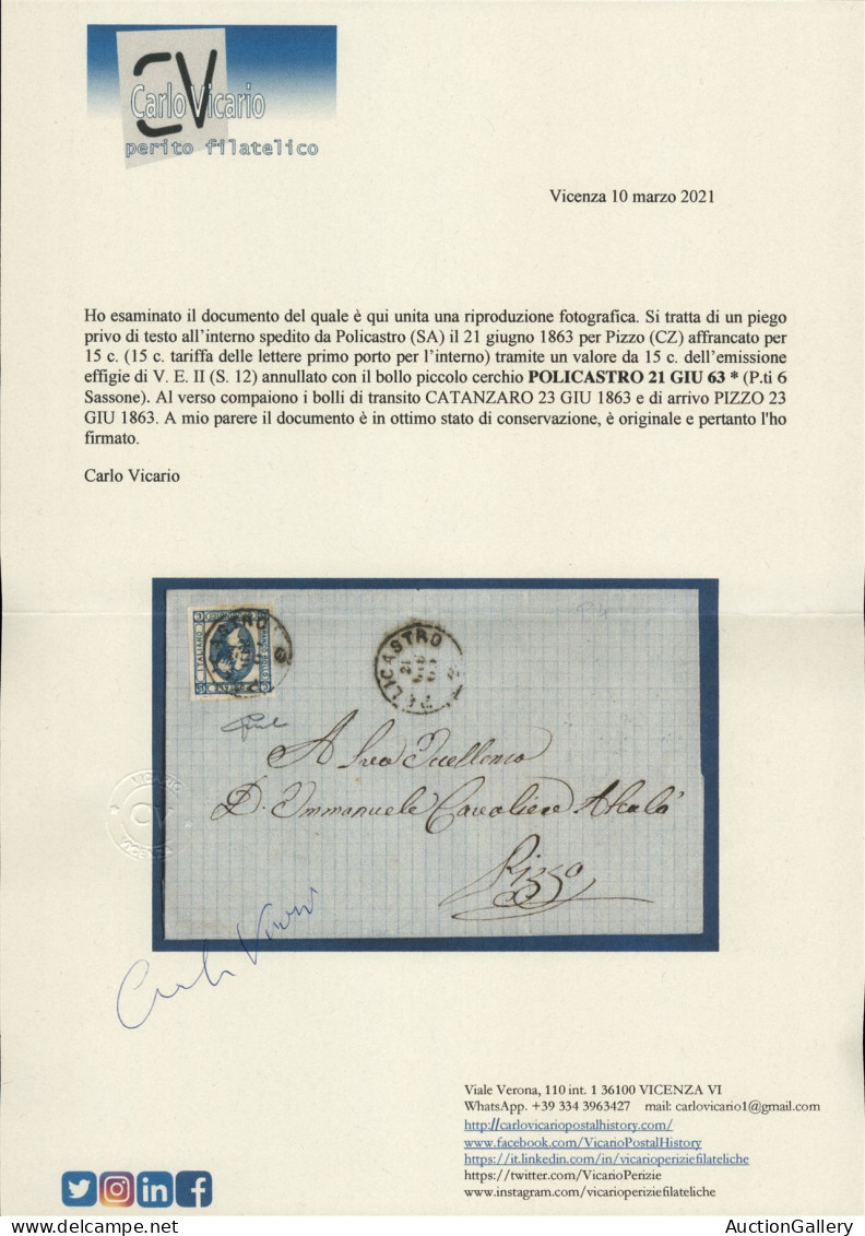 Regno - Vittorio Emanuele II - Involucro Di Lettera Affrancato Con 15 Cent (12) Da Policastro A Pizzo Del 21.6.63 - Cert - Sonstige & Ohne Zuordnung