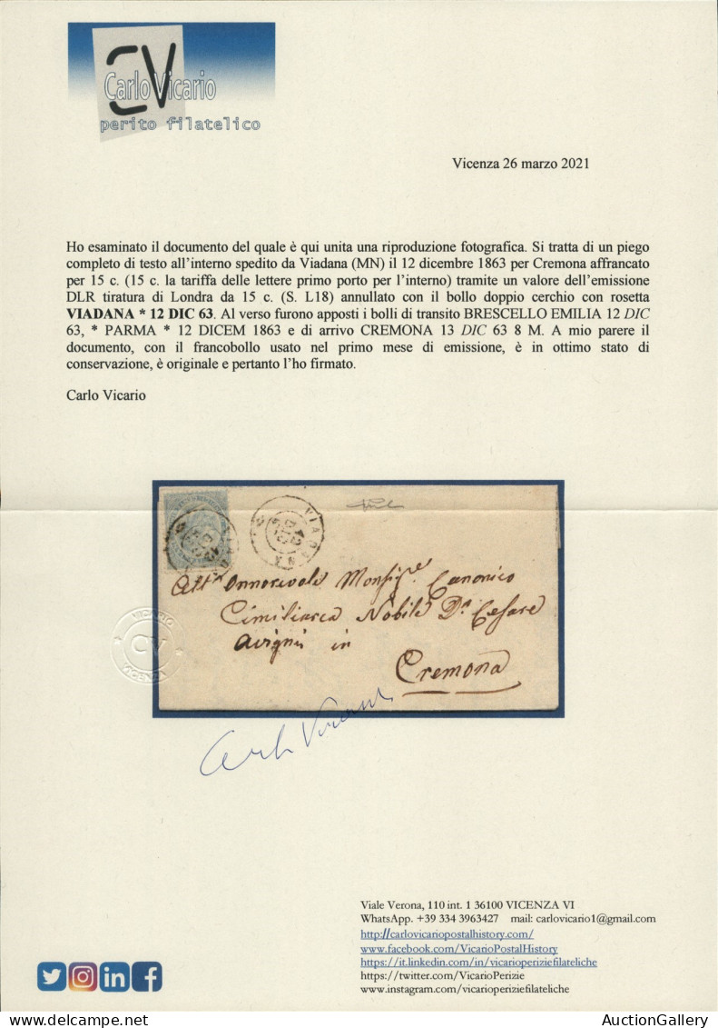 Regno - Vittorio Emanuele II - Lettera Completa Di Testo Affrancata Con 15 Cent DLR (L18) Da Viadana A Cremona Del 12.12 - Autres & Non Classés