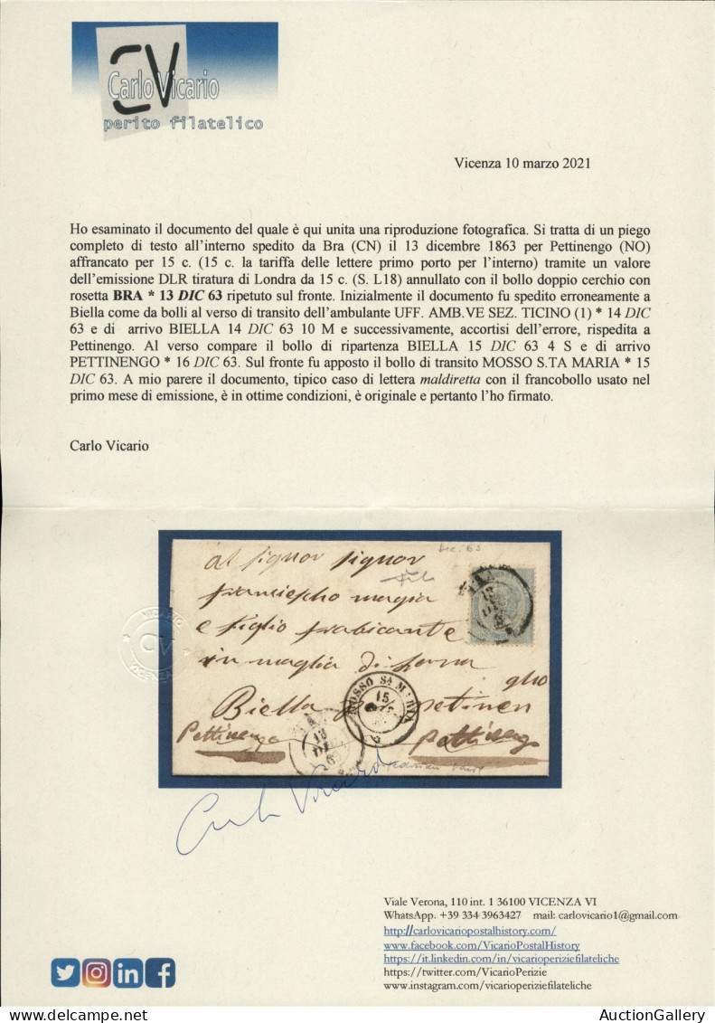 Regno - Vittorio Emanuele II - 15 Cent DLR (L18) Isolato Su Letterina Da Bra A Pettinengo Del 13.12.63 - Spedita Per Err - Autres & Non Classés
