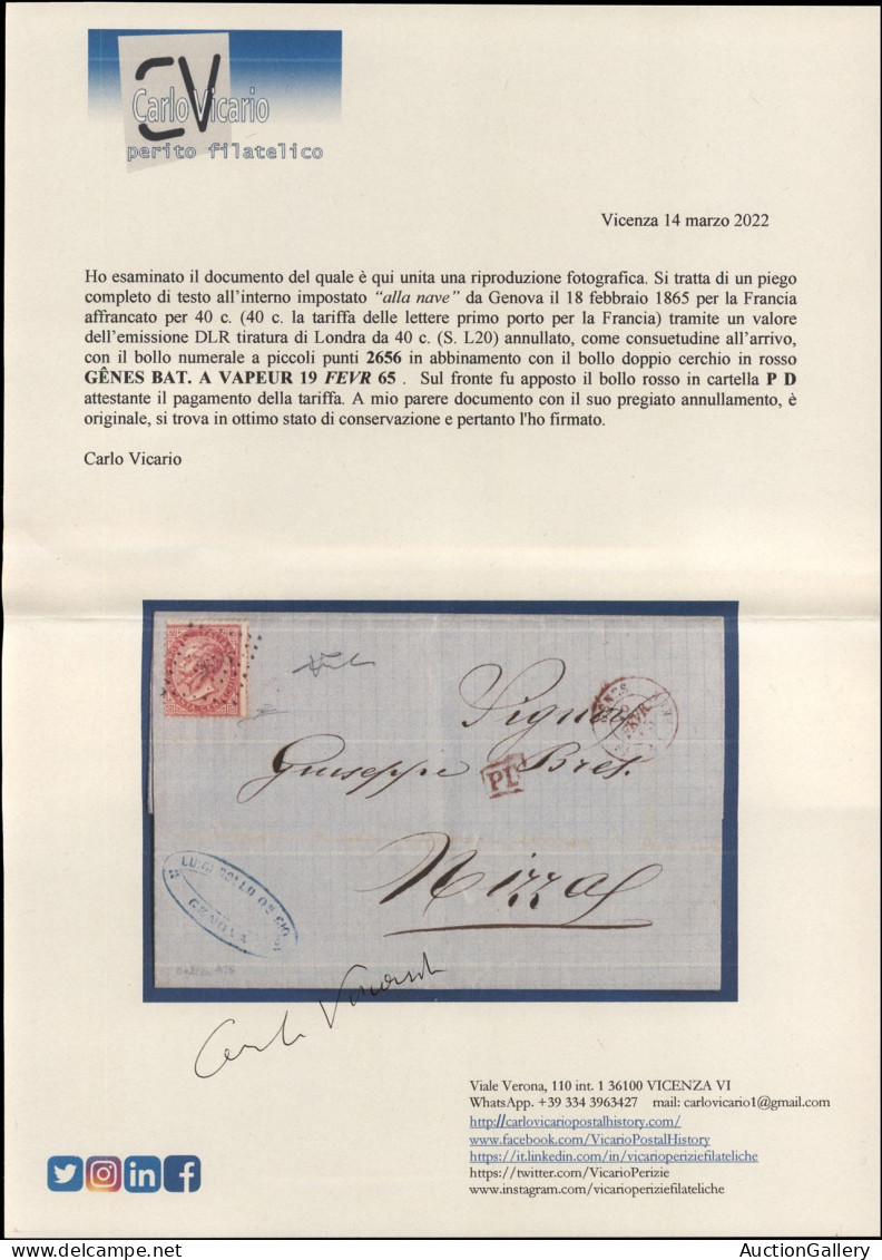 Regno - Vittorio Emanuele II - Genes Bat A Vapeur 19.2.65 (rosso) - Lettera Affrancata Con 40 Cent DLR (L20) Da Genova A - Sonstige & Ohne Zuordnung