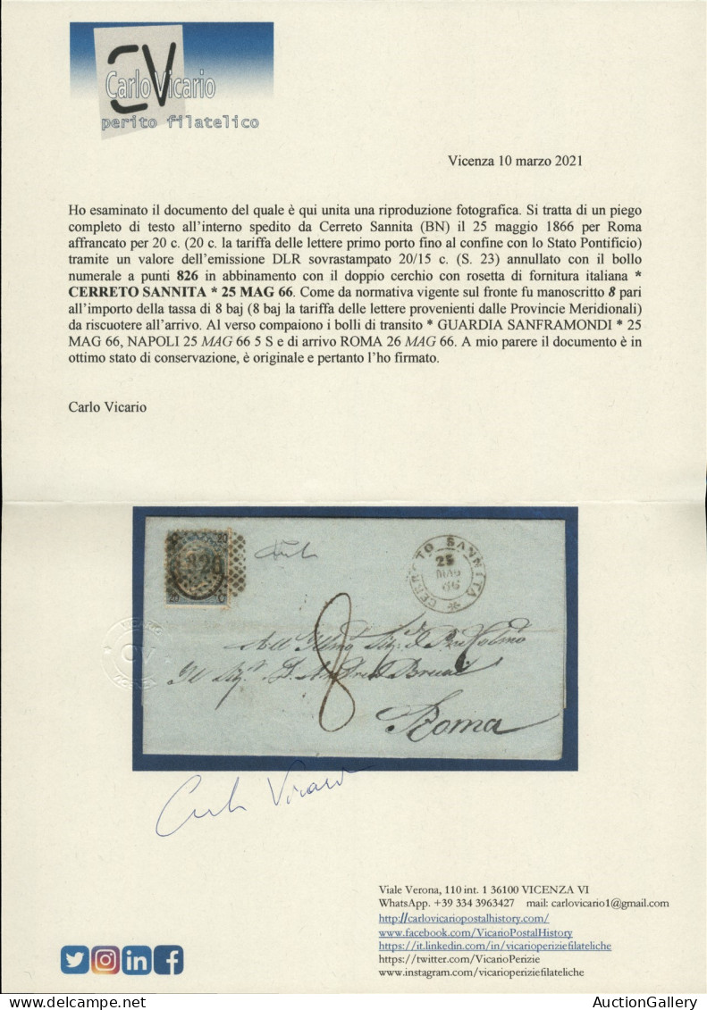 Regno - Vittorio Emanuele II - 20 Su 15 Cent (23) Su Piego Completo Di Testo Da Cerreto Sannita A Roma Del 25.05.66 - Ce - Other & Unclassified