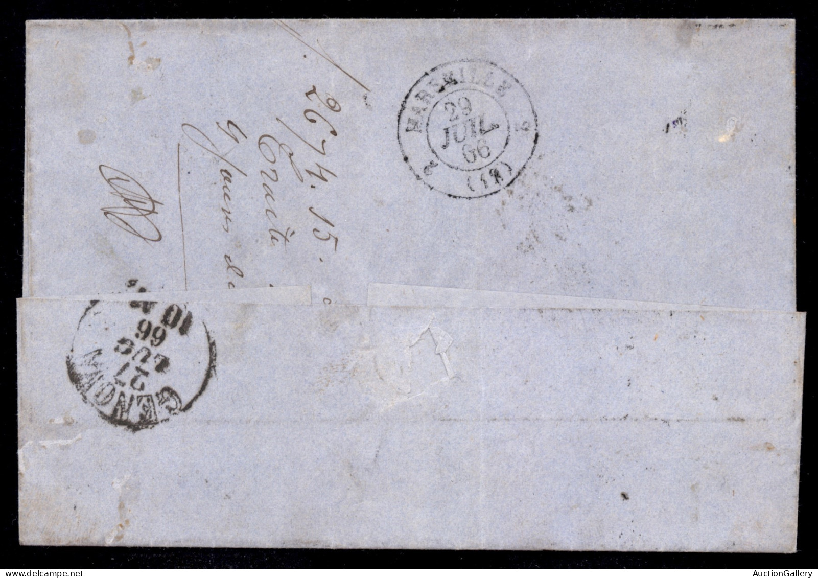 Regno - Vittorio Emanuele II - Italie Amb. Lyon Mars G 28 Juil 66 - Coppia Del 20 Su 15 Cent (23) Su Involucro Da Lerici - Other & Unclassified