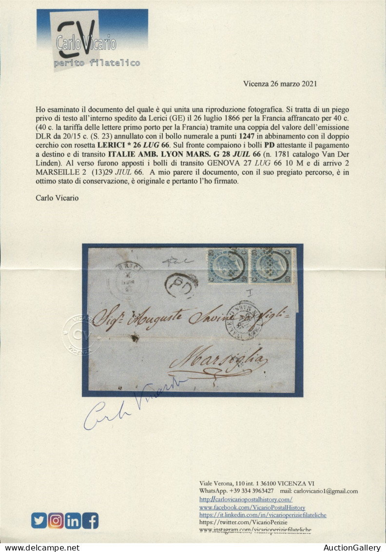 Regno - Vittorio Emanuele II - Italie Amb. Lyon Mars G 28 Juil 66 - Coppia Del 20 Su 15 Cent (23) Su Involucro Da Lerici - Autres & Non Classés