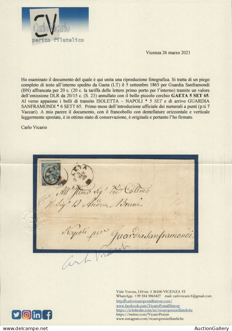 Regno - Vittorio Emanuele II - Lettera Completa Di Testo Affrancata Con 20 Su 15 Cent (23) Da Gaeta A Guardiasanframonti - Otros & Sin Clasificación