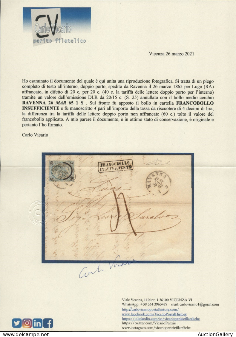 Regno - Vittorio Emanuele II - Affrancatura Insufficiente - 20 Su 15 Cent (25) Su Lettera Completa Di Testo Da Ravenna A - Autres & Non Classés