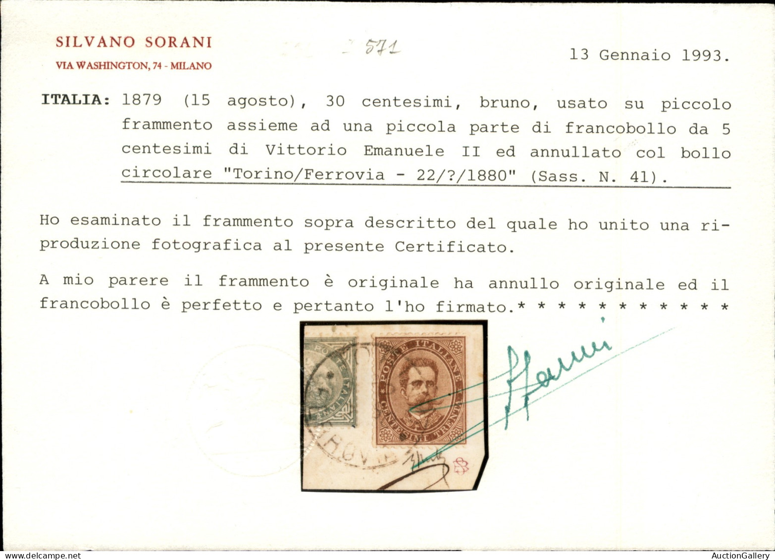 Regno - Umberto I - 1879 - 30 Cent Umberto (41) Su Frammento Con Parte Di 5 Cent - Annullo Completo Torino/Ferrovia 22/? - Other & Unclassified