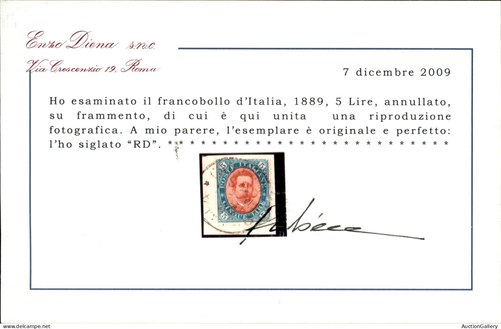 Regno - Umberto I - 1889 - 5 Lire Umberto (49) Su Frammento - Molto Bello - Cert. Diena - Sonstige & Ohne Zuordnung