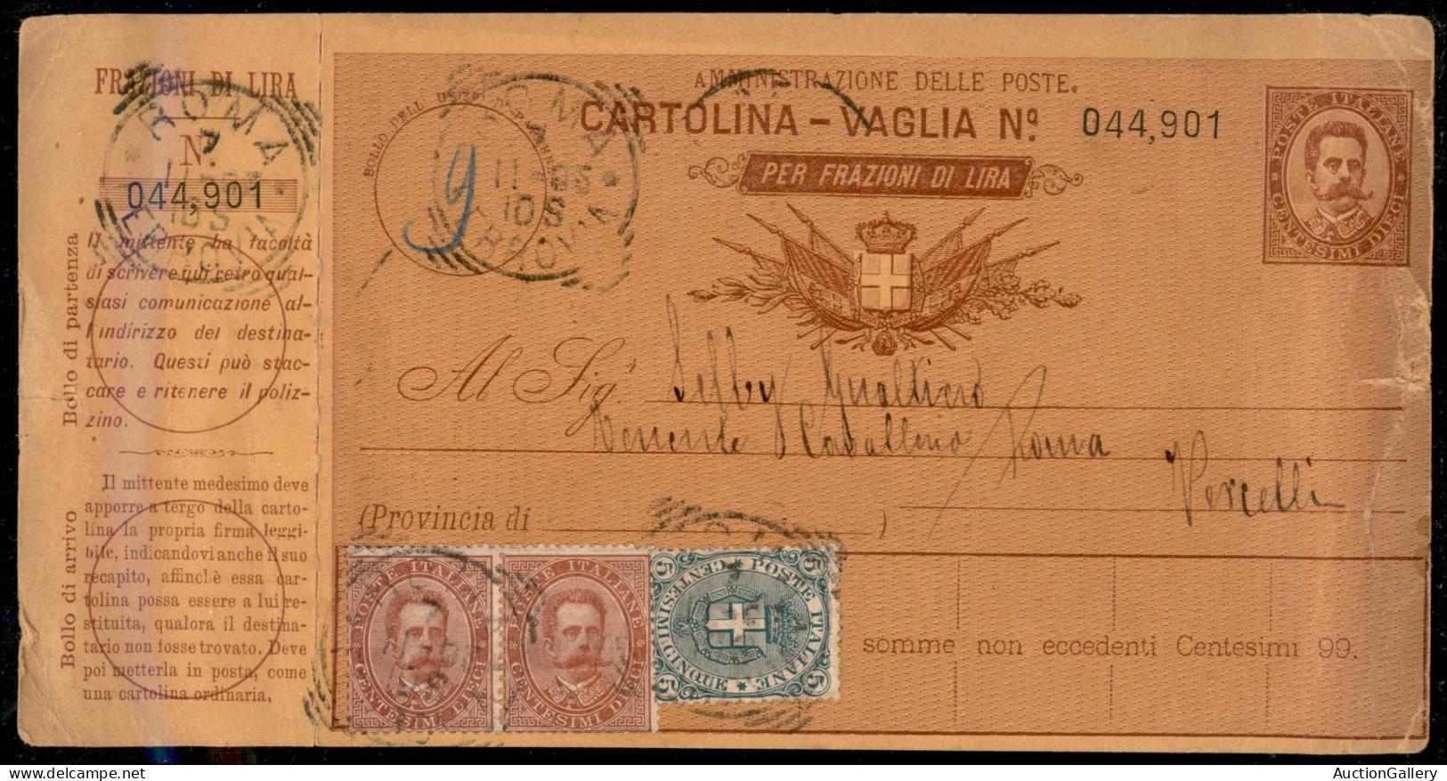 Regno - Umberto I - Cartolina Vaglia Da 10 Cent (V1 - Tipo D) Con Affrancatura Aggiunta E Unito Tagliando Di Controllo ( - Autres & Non Classés