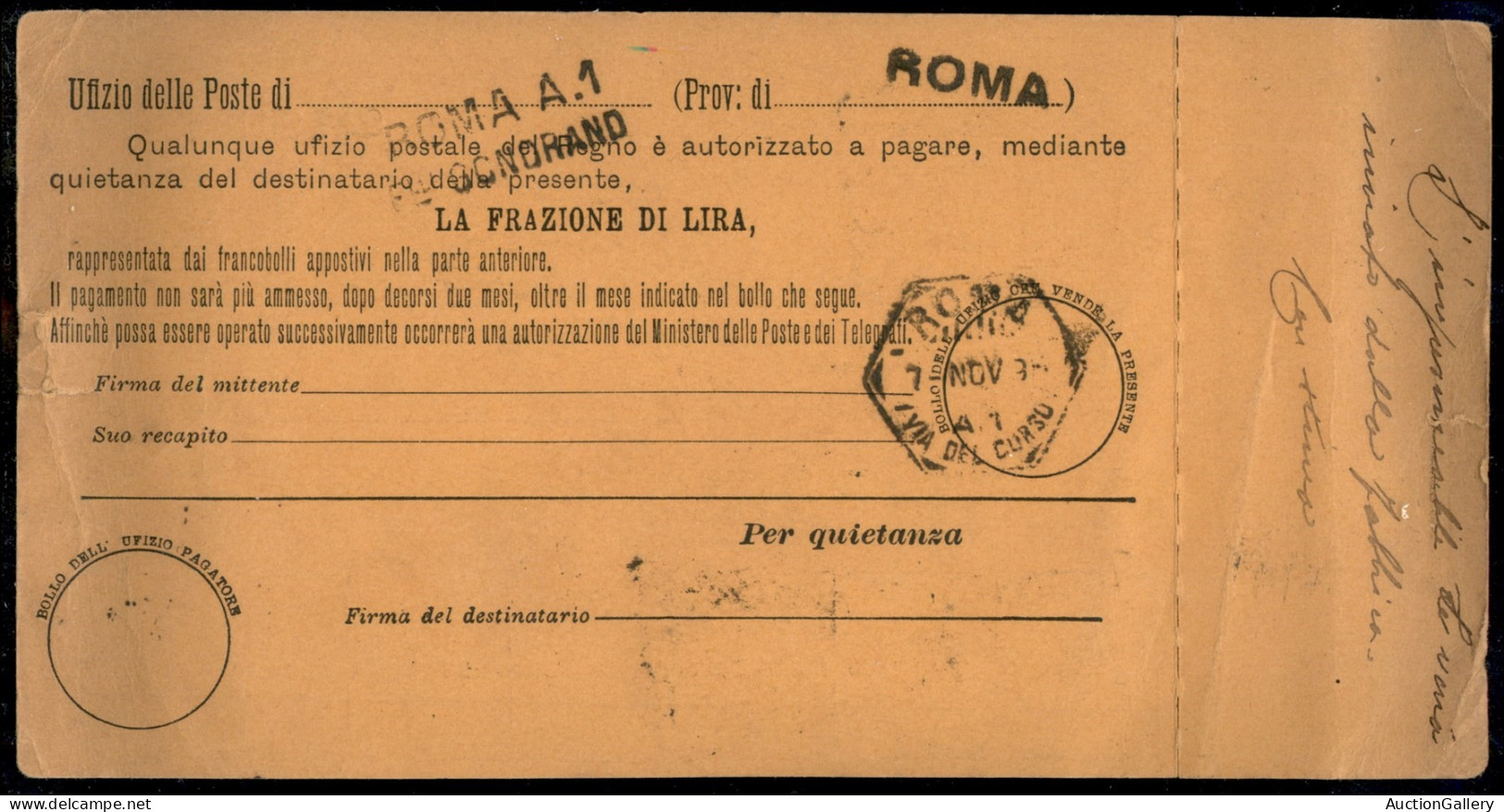 Regno - Umberto I - Cartolina Vaglia Da 10 Cent (V1 - Tipo D) Con Affrancatura Aggiunta E Unito Tagliando Di Controllo ( - Other & Unclassified