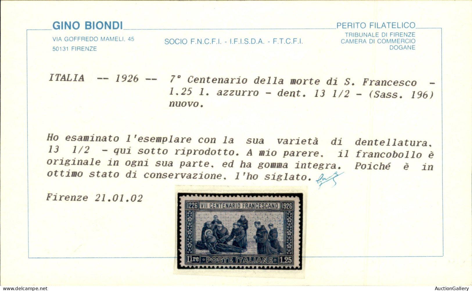 Regno - Vittorio Emanuele III - 1926 - 1,25 Lire S. Francesco (196) Dentellato 13 1/2 - Gomma Integra - Cert. Biondi - Other & Unclassified