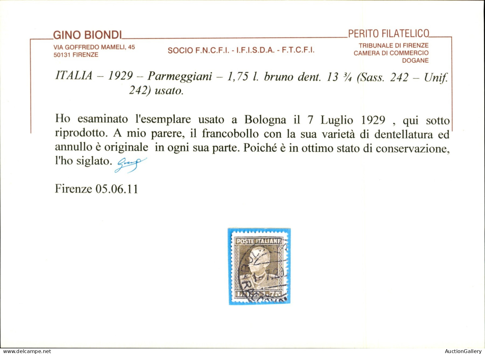 Regno - Vittorio Emanuele III - 1929 - 1,75 Lire Parmeggiani (242) Con Nitido Annullo - Bologna 7.7.29 - Molto Bello E B - Otros & Sin Clasificación