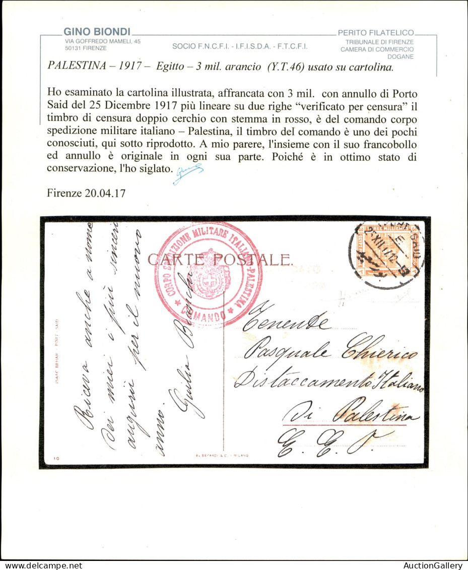 Regno - Vittorio Emanuele III - Comando/Corpo Militare Italiano/Palestina (rosso) - Cartolina Affrancata Con 3 Mil (Yver - Other & Unclassified