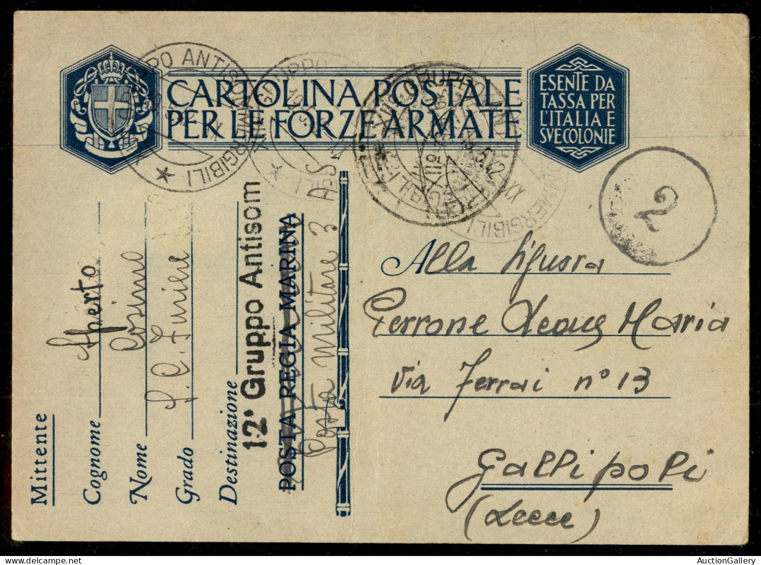Regno - Vittorio Emanuele III - XII Gruppo Antisommergibili - Cartolina Postale In Franchigia Per Gallipoli Del 19.5.42 - Autres & Non Classés