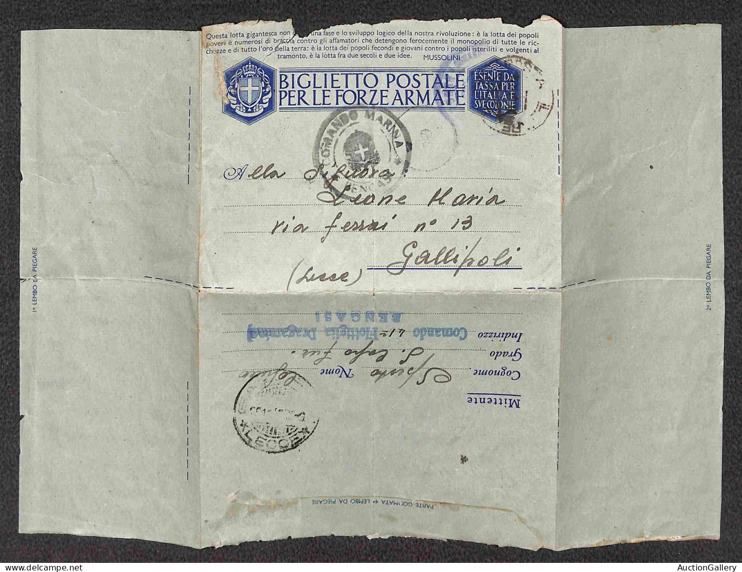 Regno - Vittorio Emanuele III - Comando Marina Bengasi - Biglietto Postale In Franchigia (39/10) Dal Comando 41 Flottigl - Autres & Non Classés